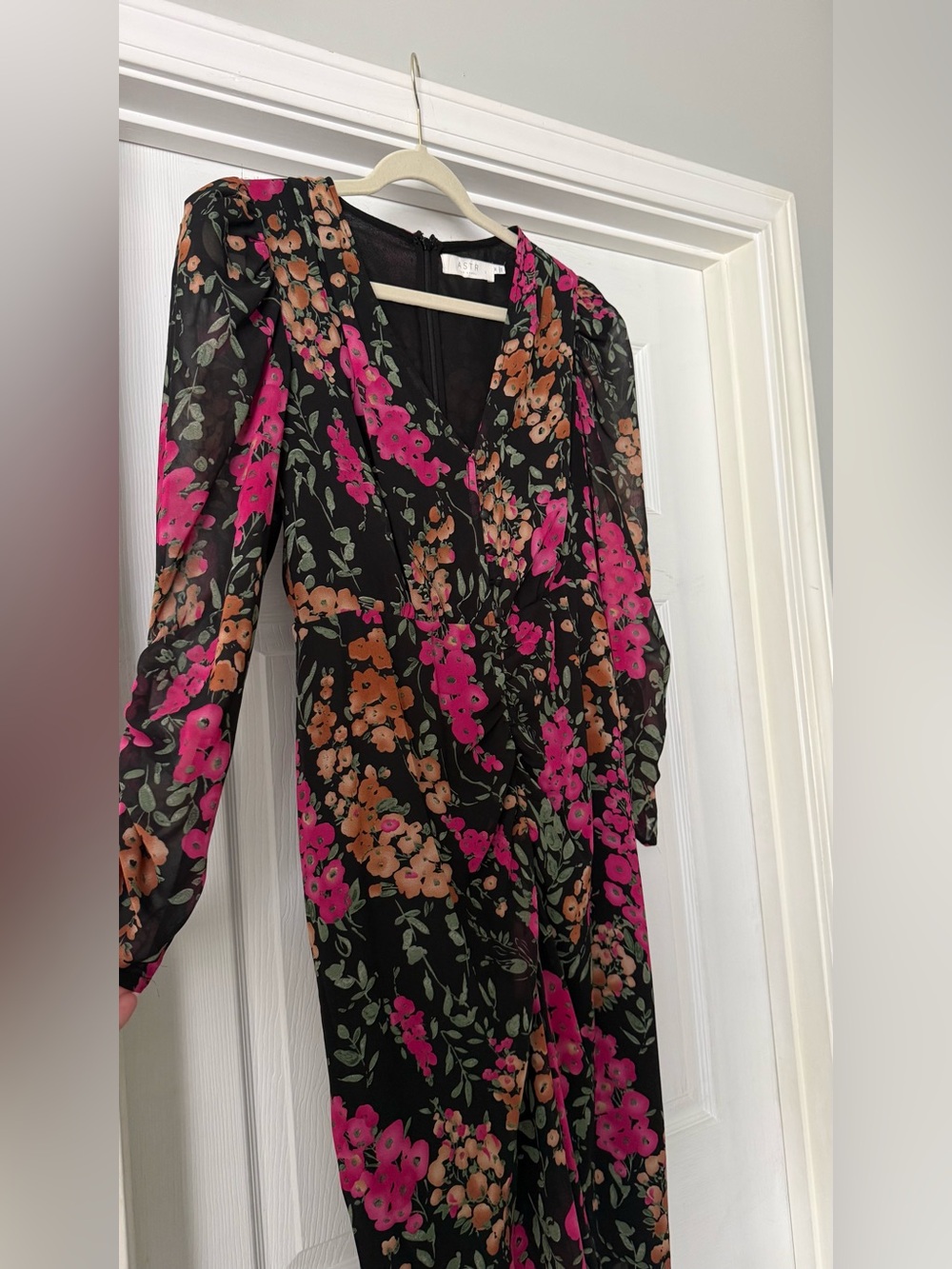 Astr Floral Ruched V-Neck Midi Dress - Black, Pink, Brown - Picture 4 of 8